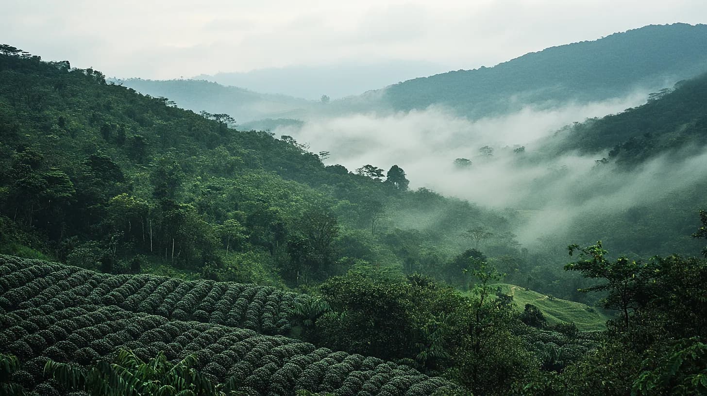 Shaded coffee planted across a hillside above the valley at Banderones