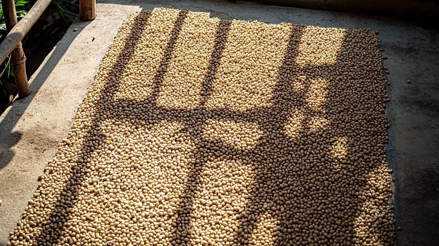 Parchment coffee drying in the sun on the patio at Banderones