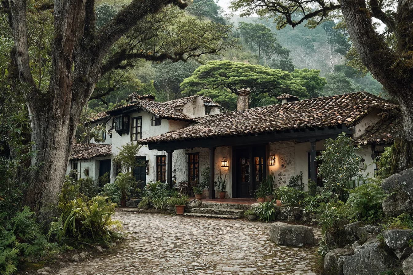 The main house at Hacienda Banderones under old trees