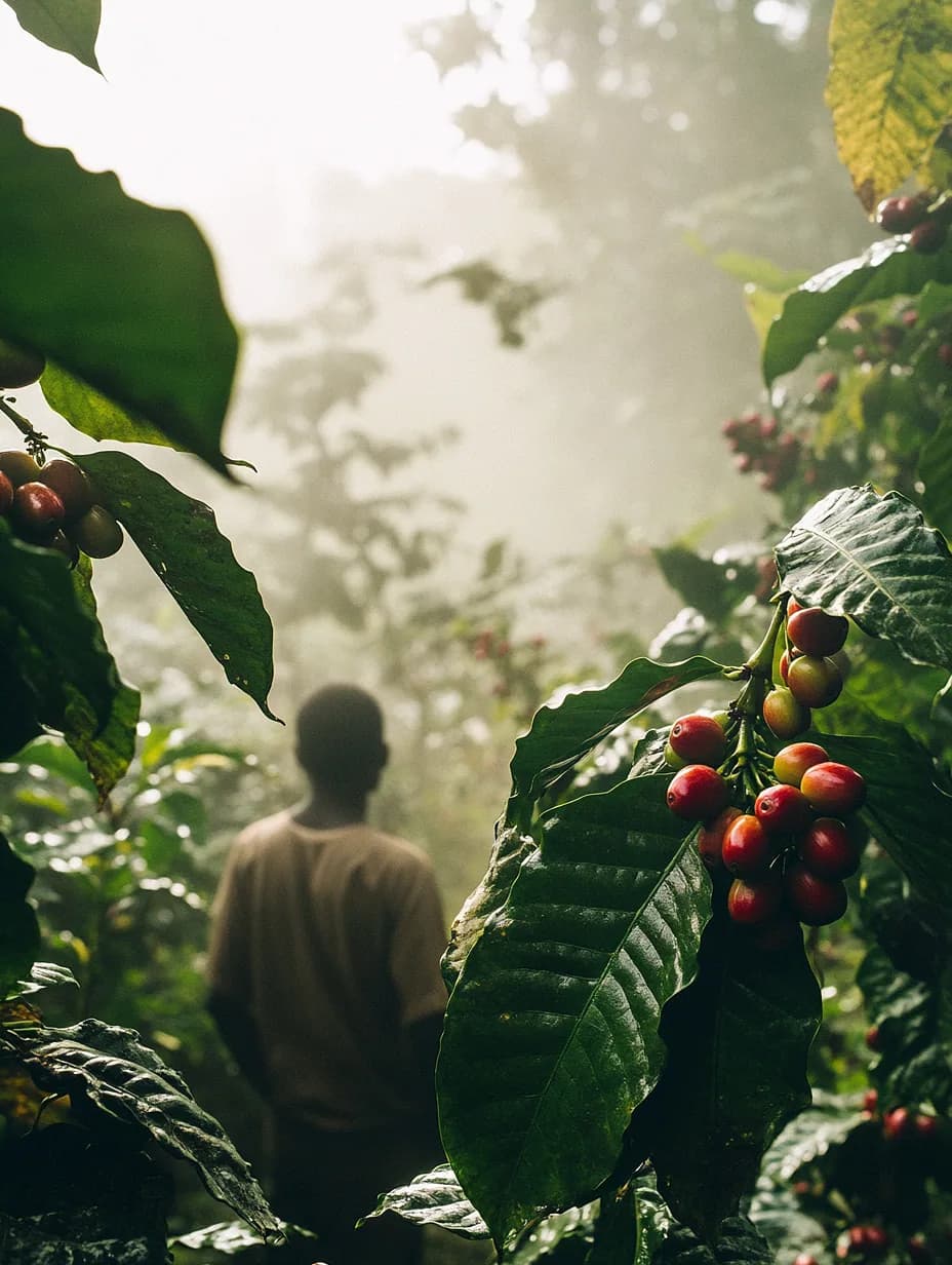 A picker working under the canopy in morning mist at Banderones
