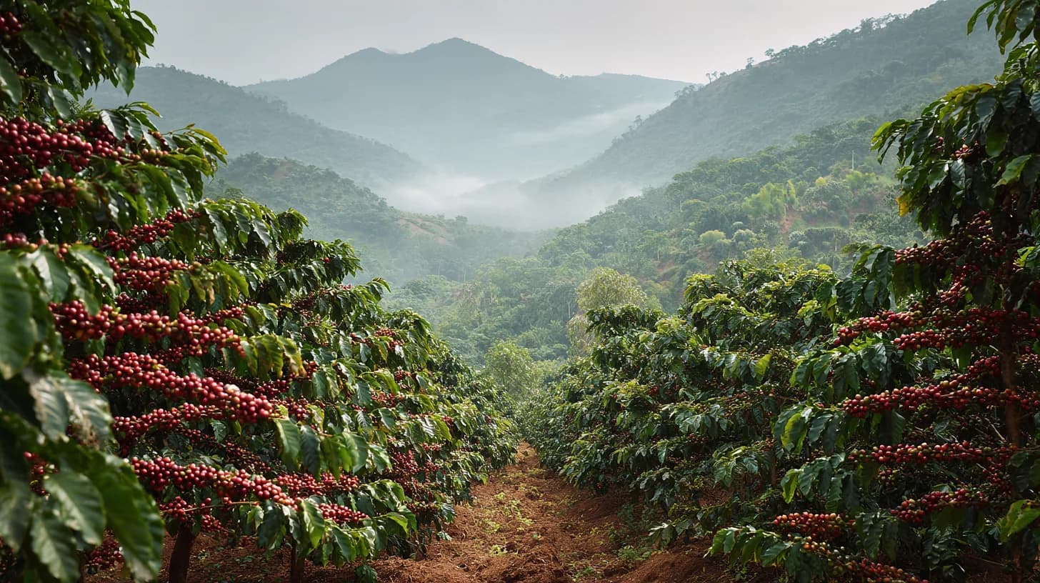 A track running between shaded coffee heavy with ripe cherry