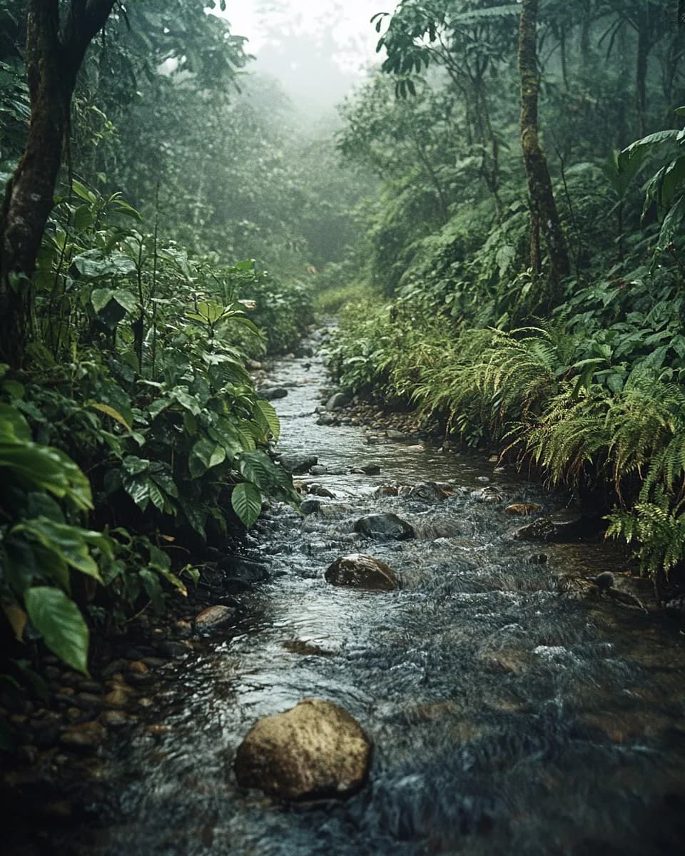 A clear stream running through the forest understorey at Banderones